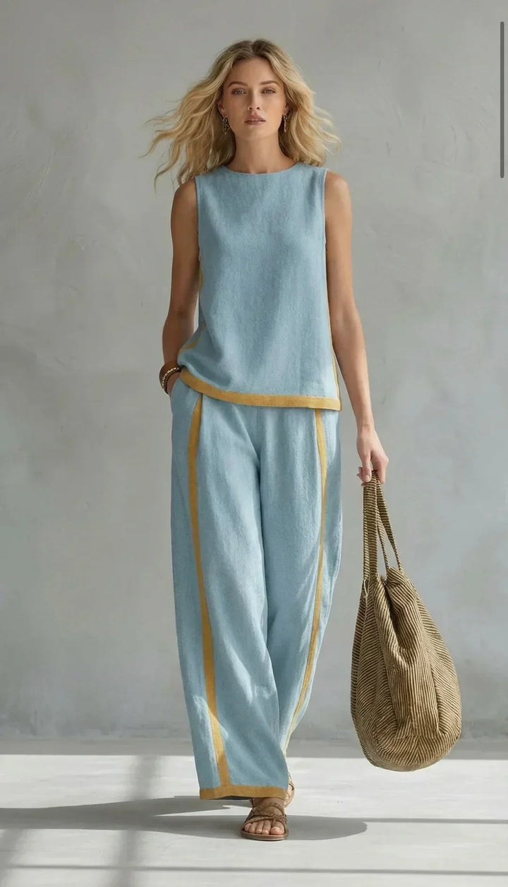 Marguerite | Ensemble gilet et pantalon chic-décontracté aux finitions bicolores