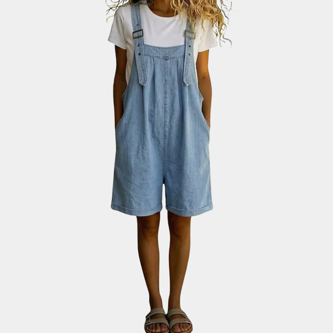 Clara | Salopette courte en denim lavé vintage bleu clair