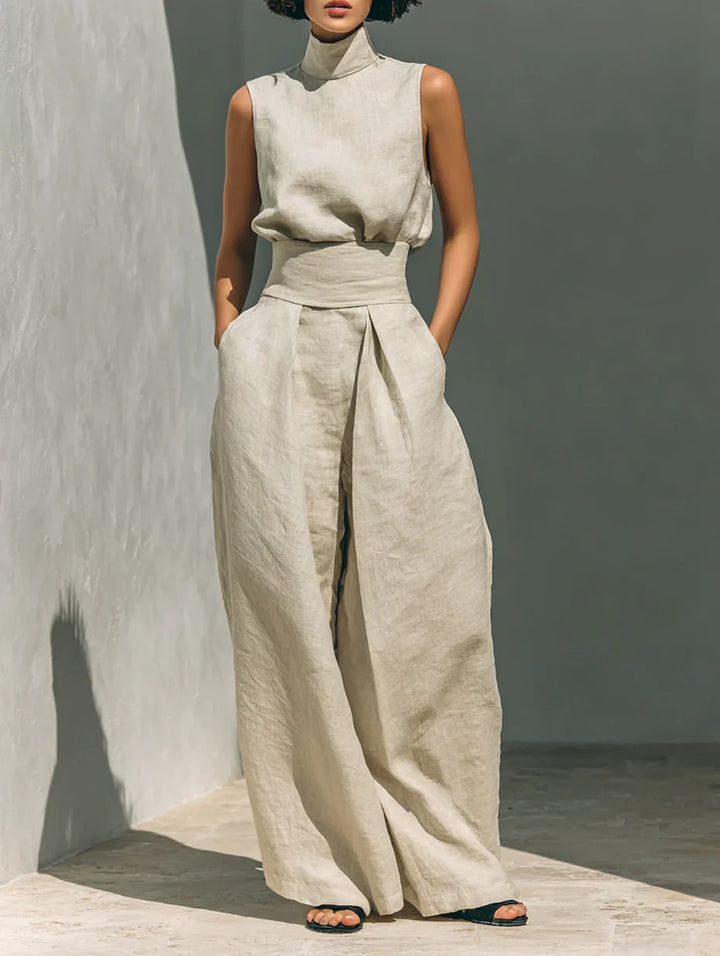 Julie | Ensemble deux pièces beige en lin avec haut sans manches et pantalon large