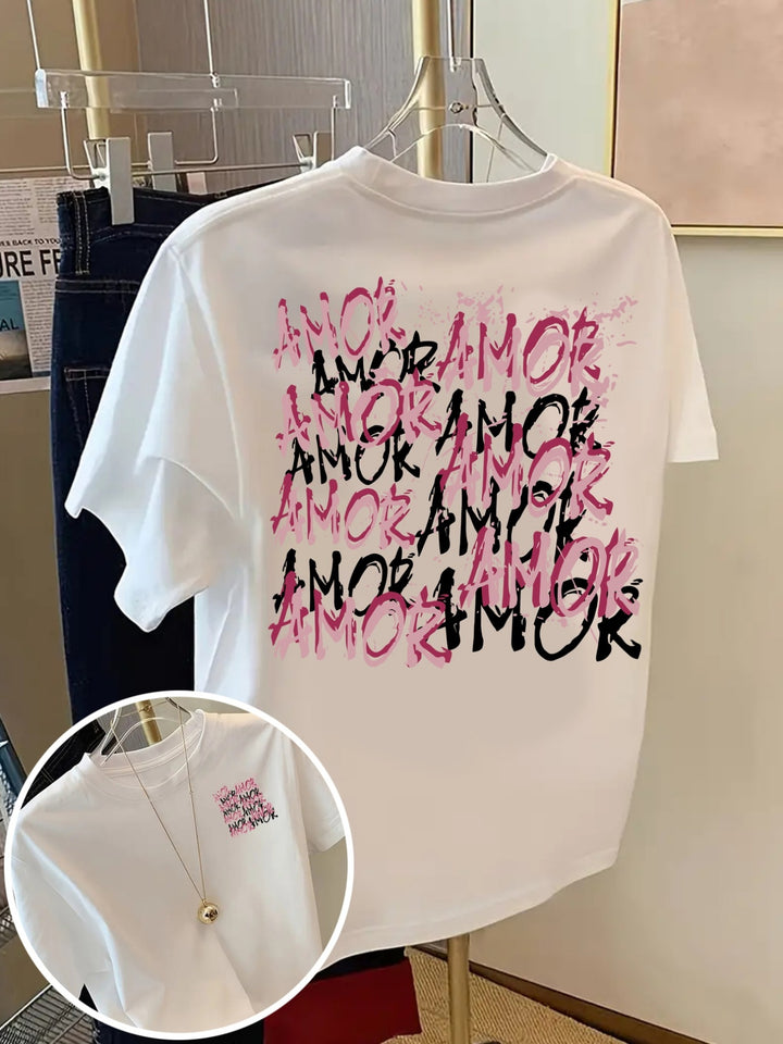 T-shirt met korte mouwen voor- en achterkant AMOR, graffiti typografie modeprint, trendy print T-shirt voor dames voor lente en zomer, modieus en trendy item