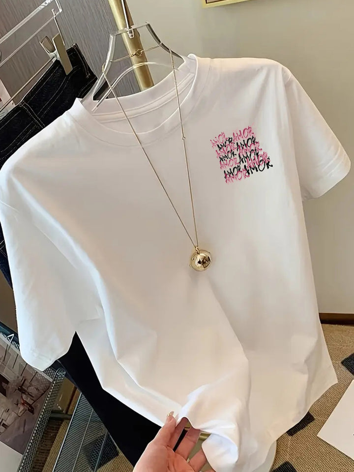 T-shirt met korte mouwen voor- en achterkant AMOR, graffiti typografie modeprint, trendy print T-shirt voor dames voor lente en zomer, modieus en trendy item