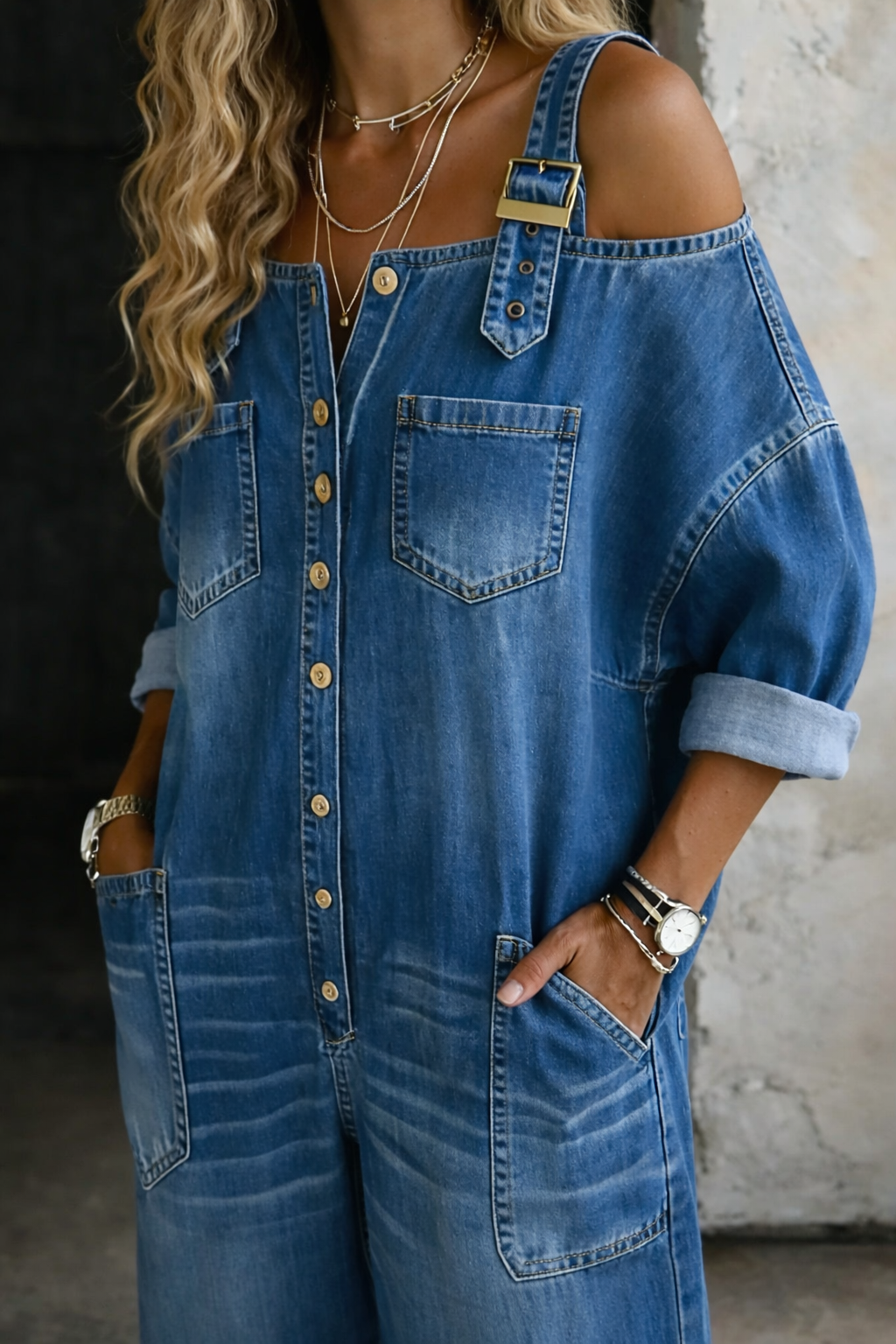 Sophia | Combinaison en denim épaules dénudées