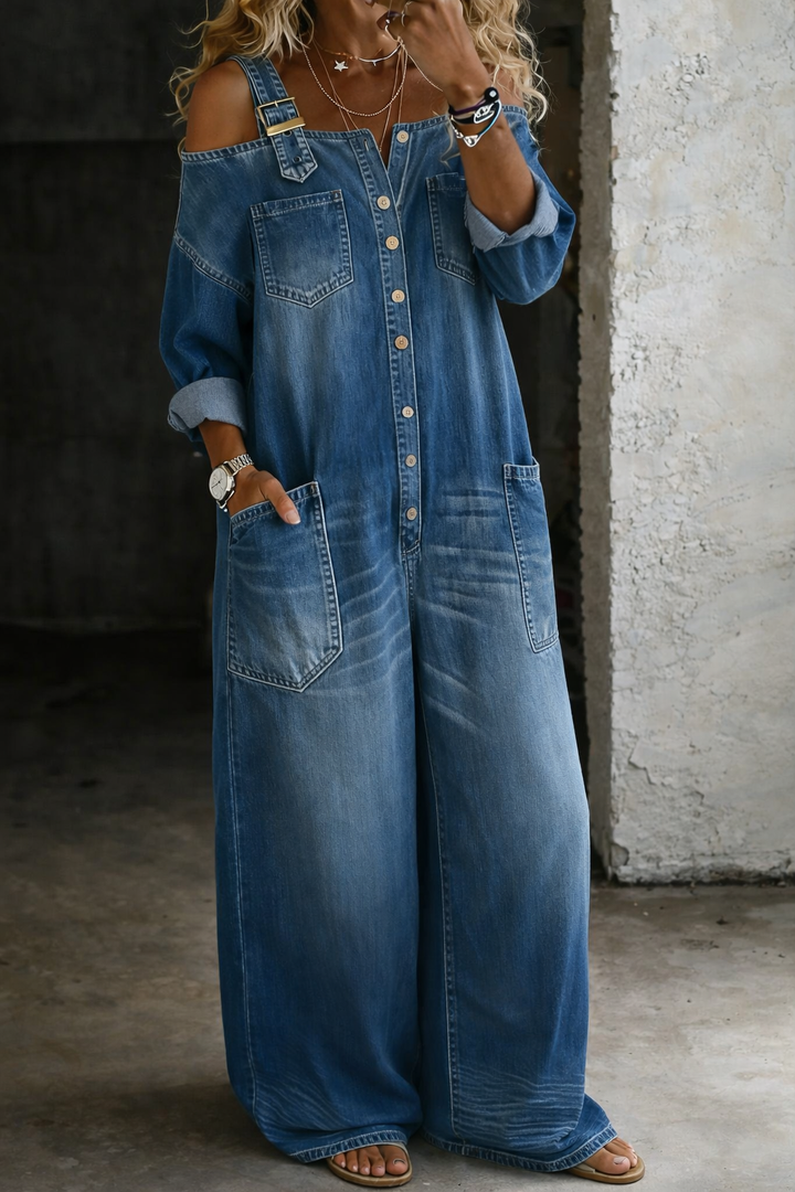Sophia | Combinaison en denim épaules dénudées