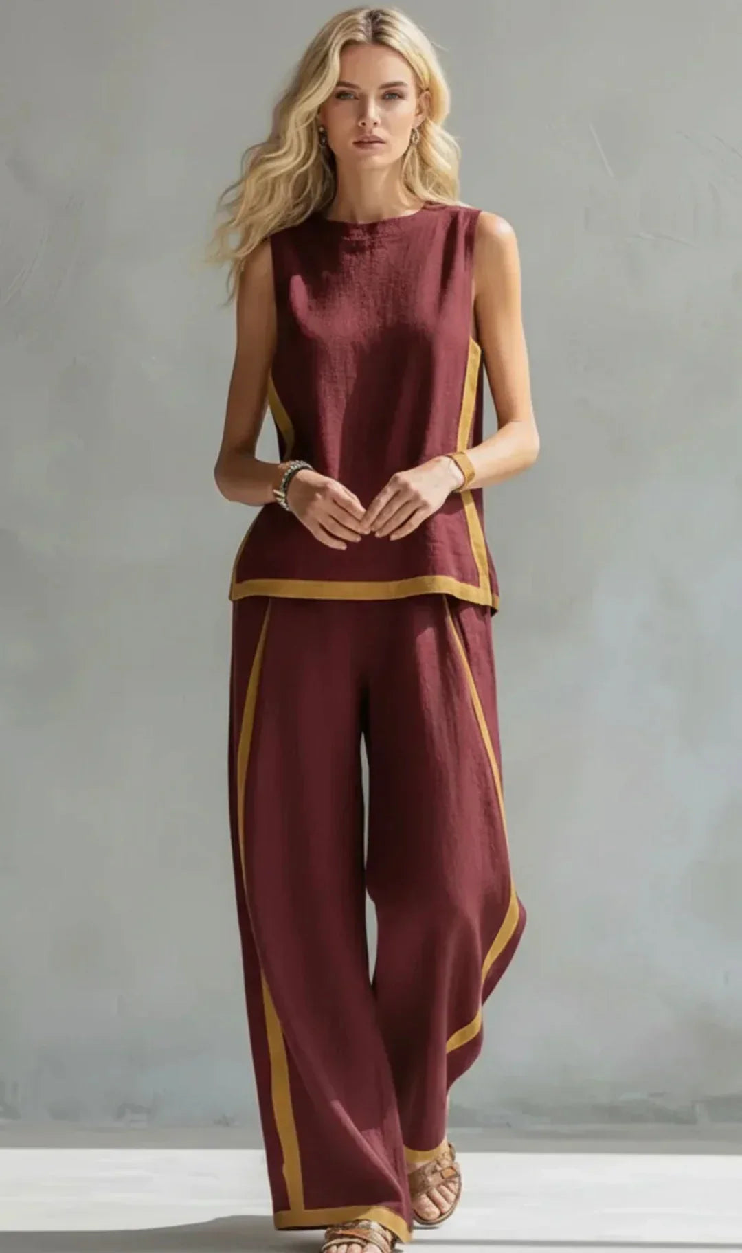 Marguerite | Ensemble gilet et pantalon chic-décontracté aux finitions bicolores