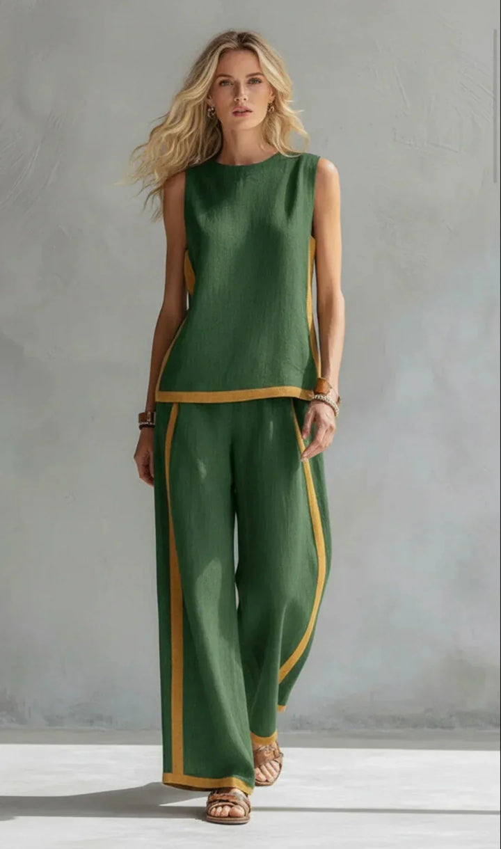 Marguerite | Ensemble gilet et pantalon chic-décontracté aux finitions bicolores