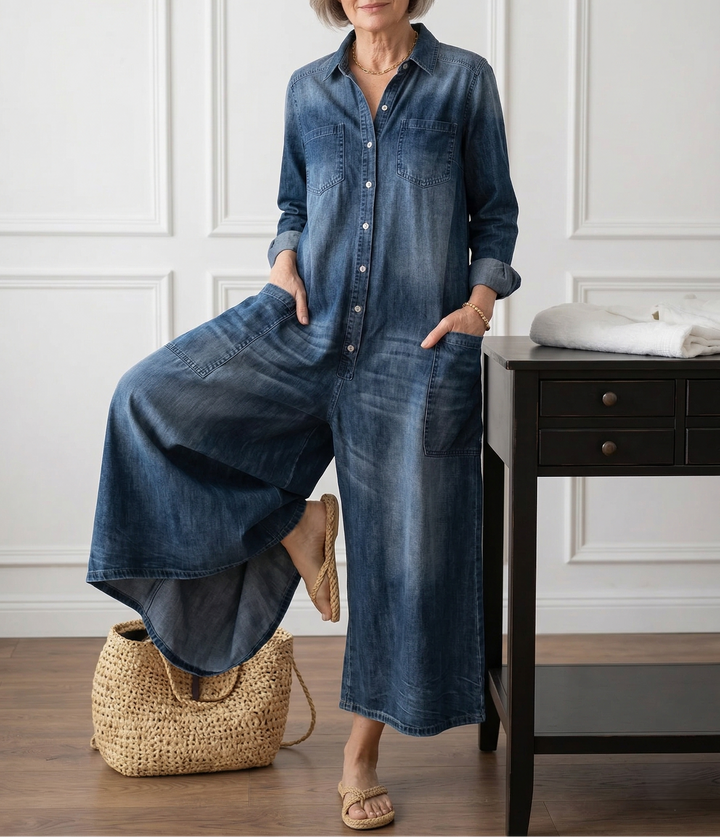 Diana | Combinaison en denim coton lavé vintage à fermeture boutonnée