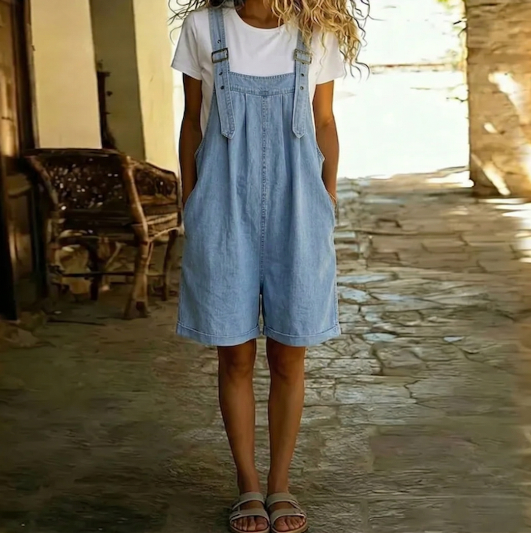 Clara | Salopette courte en denim lavé vintage bleu clair