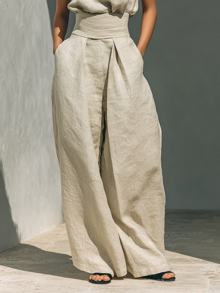 Julie | Ensemble deux pièces beige en lin avec haut sans manches et pantalon large