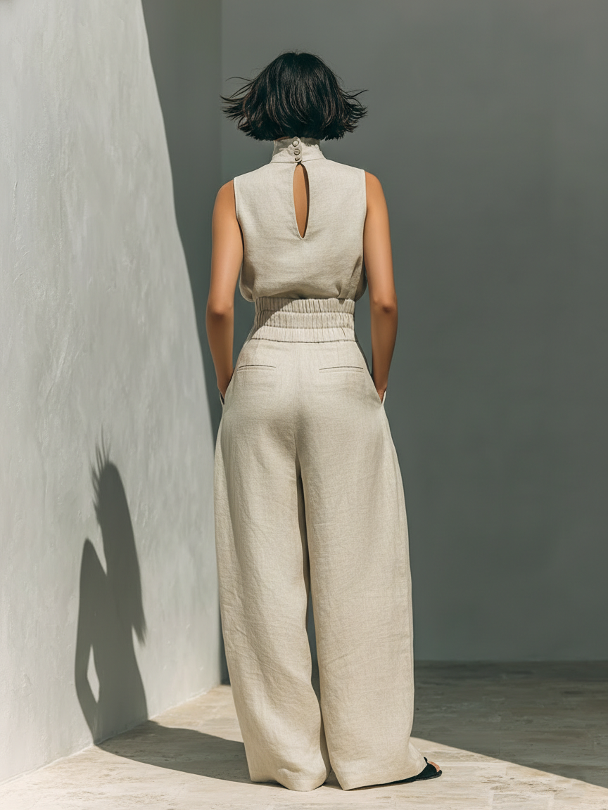 Julie | Ensemble deux pièces beige en lin avec haut sans manches et pantalon large