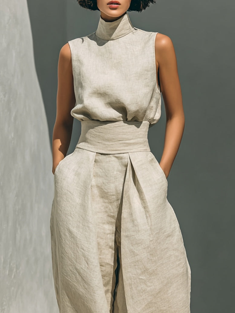 Julie | Ensemble deux pièces beige en lin avec haut sans manches et pantalon large
