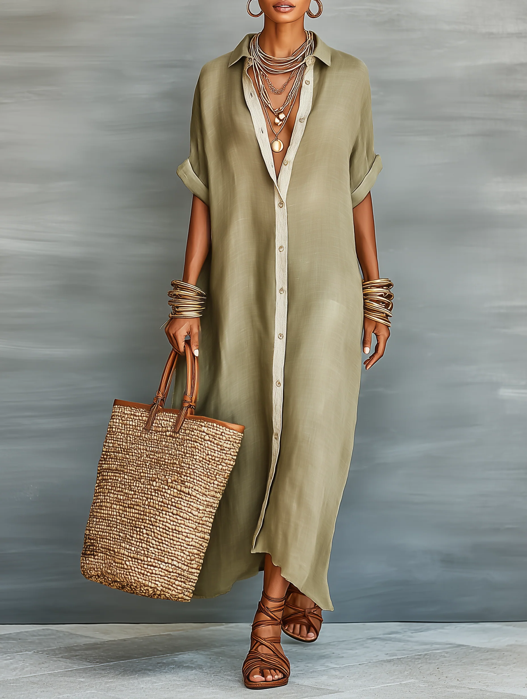 Manelle™ | Robe maxi vert olive avec ligne minimaliste