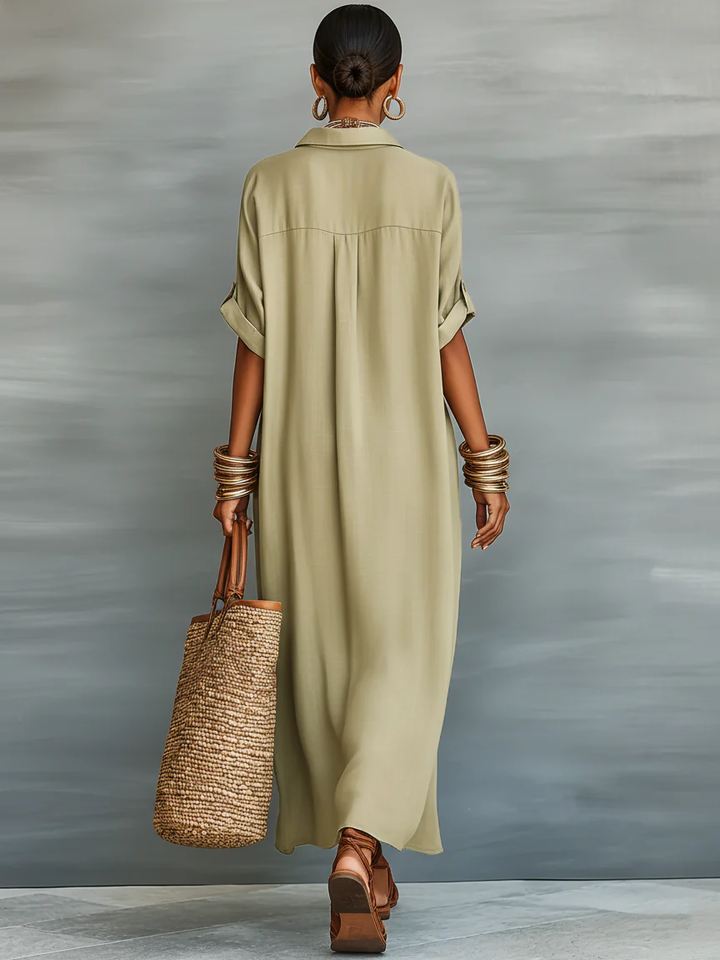 Manelle™ | Robe maxi vert olive avec ligne minimaliste