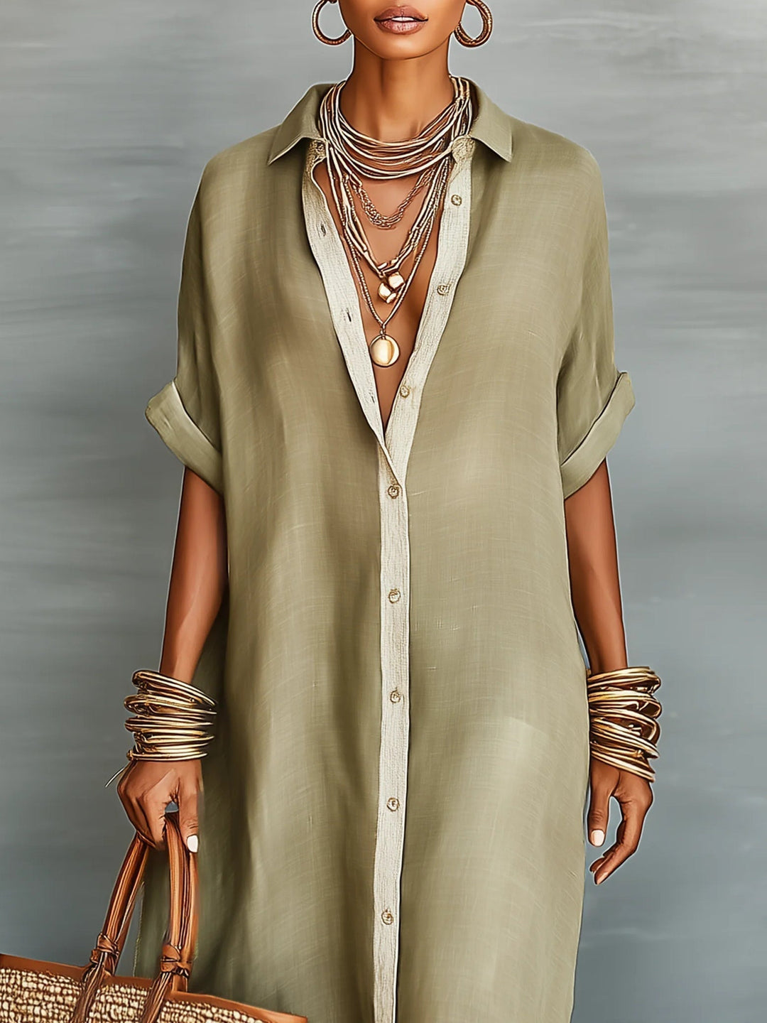 Manelle™ | Robe maxi vert olive avec ligne minimaliste