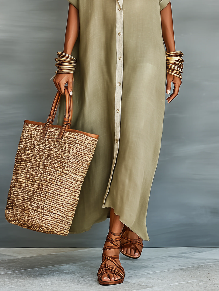 Manelle™ | Robe maxi vert olive avec ligne minimaliste