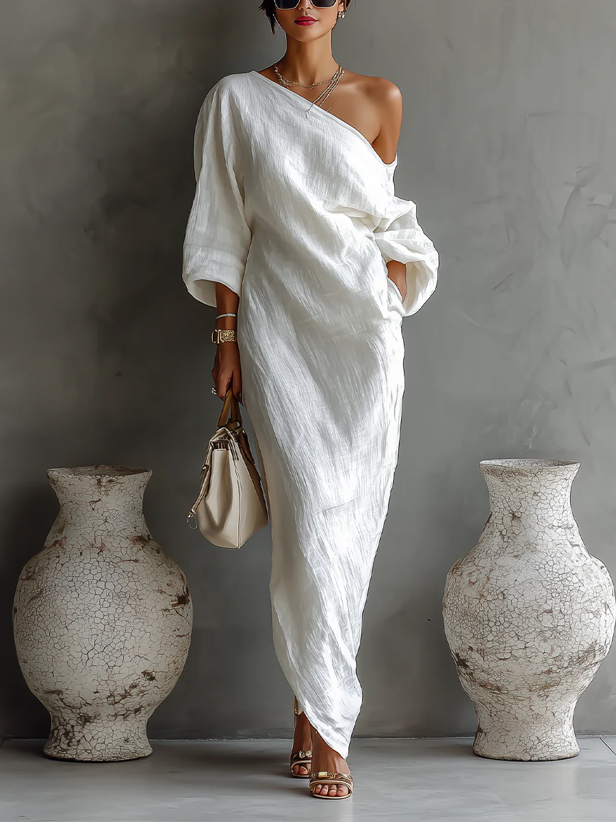 Elise™ | Élégant robe maxi à une épaule en blanc