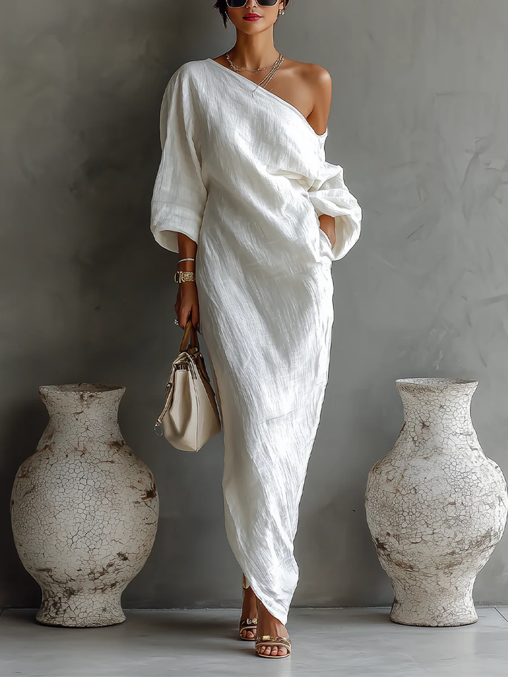 Elise™ | Élégant robe maxi à une épaule en blanc
