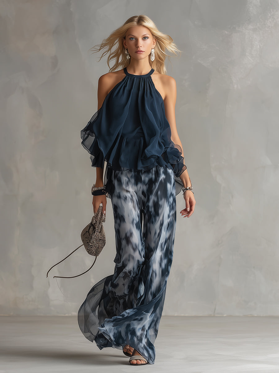 Marie | Ensemble élégant avec haut dos nu bleu marine et pantalon large imprimé