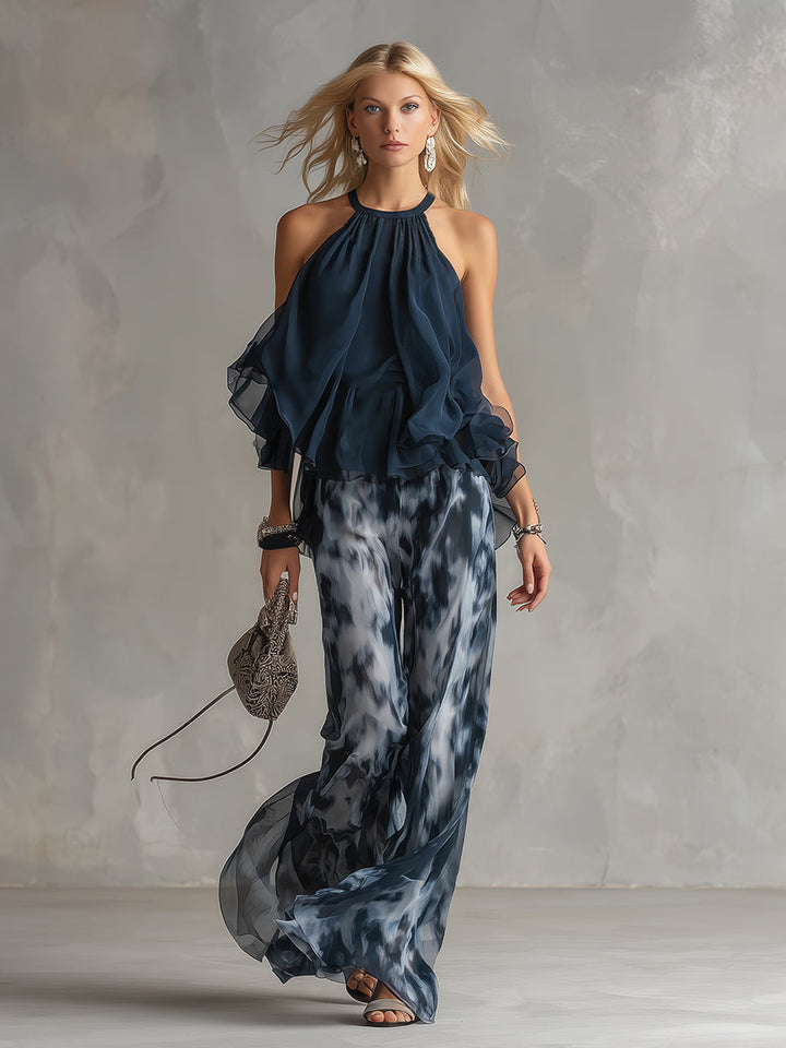 Marie | Ensemble élégant avec haut dos nu bleu marine et pantalon large imprimé
