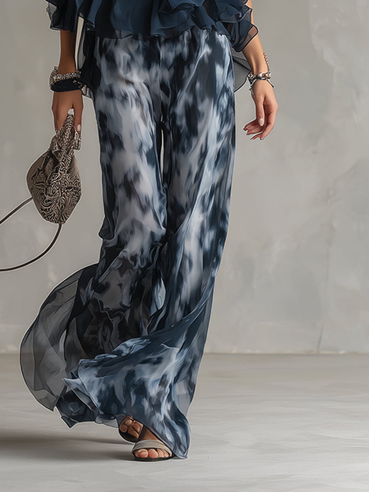 Marie | Ensemble élégant avec haut dos nu bleu marine et pantalon large imprimé