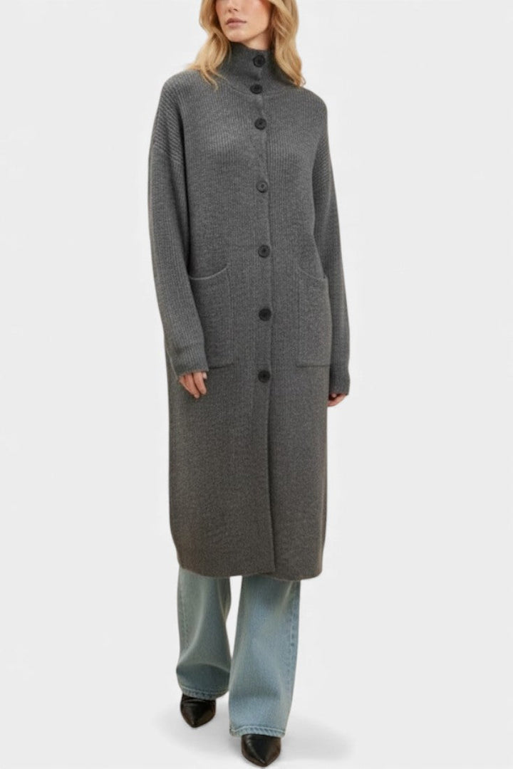 Clarisse Long Knit Coat with Soft Turtleneck and Button Closure