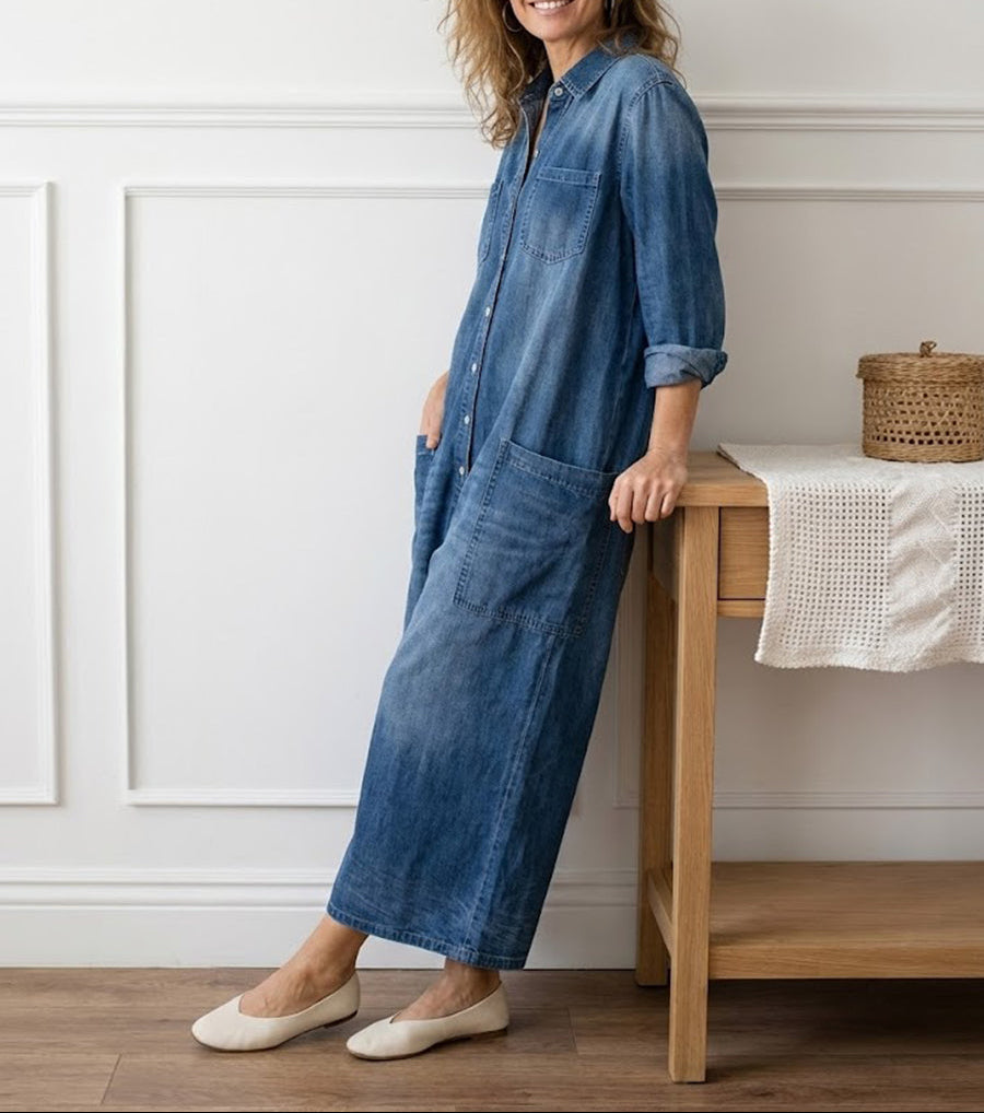 Diana | Combinaison en denim coton lavé vintage à fermeture boutonnée