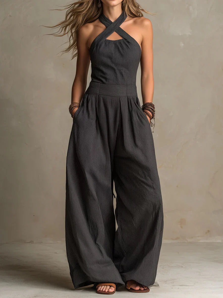 Bianca - Tuta jumpsuit grigia con scollo incrociato dal taglio sofisticato