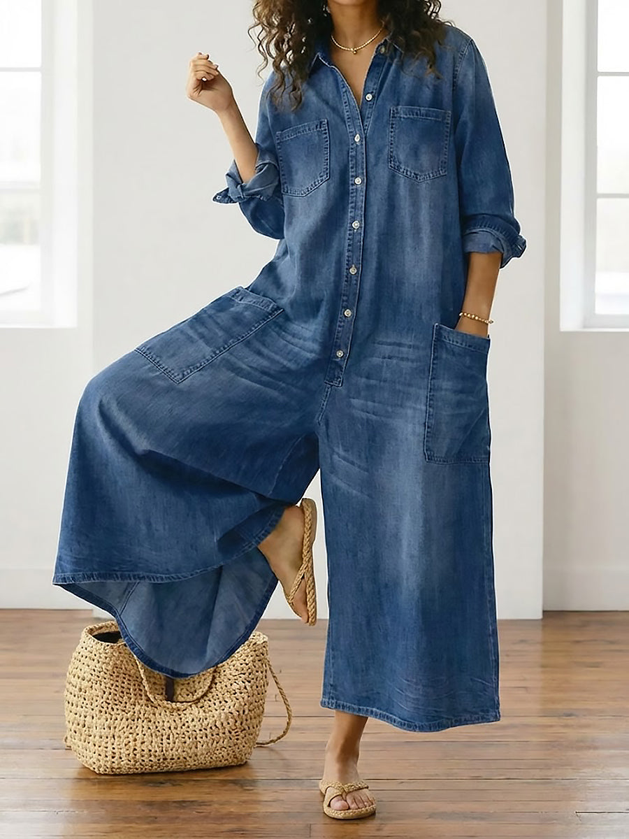 Diana | Combinaison en denim coton lavé vintage à fermeture boutonnée