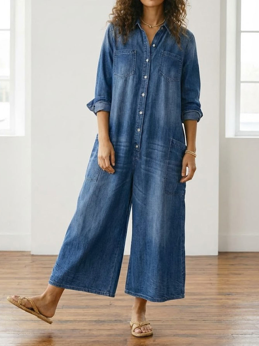 Diana | Combinaison en denim coton lavé vintage à fermeture boutonnée