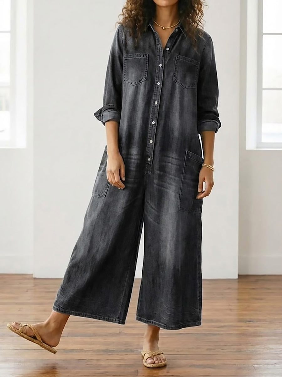 Diana | Combinaison en denim coton lavé vintage à fermeture boutonnée