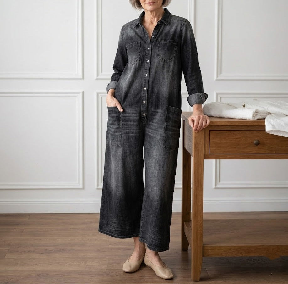 Diana | Combinaison en denim coton lavé vintage à fermeture boutonnée